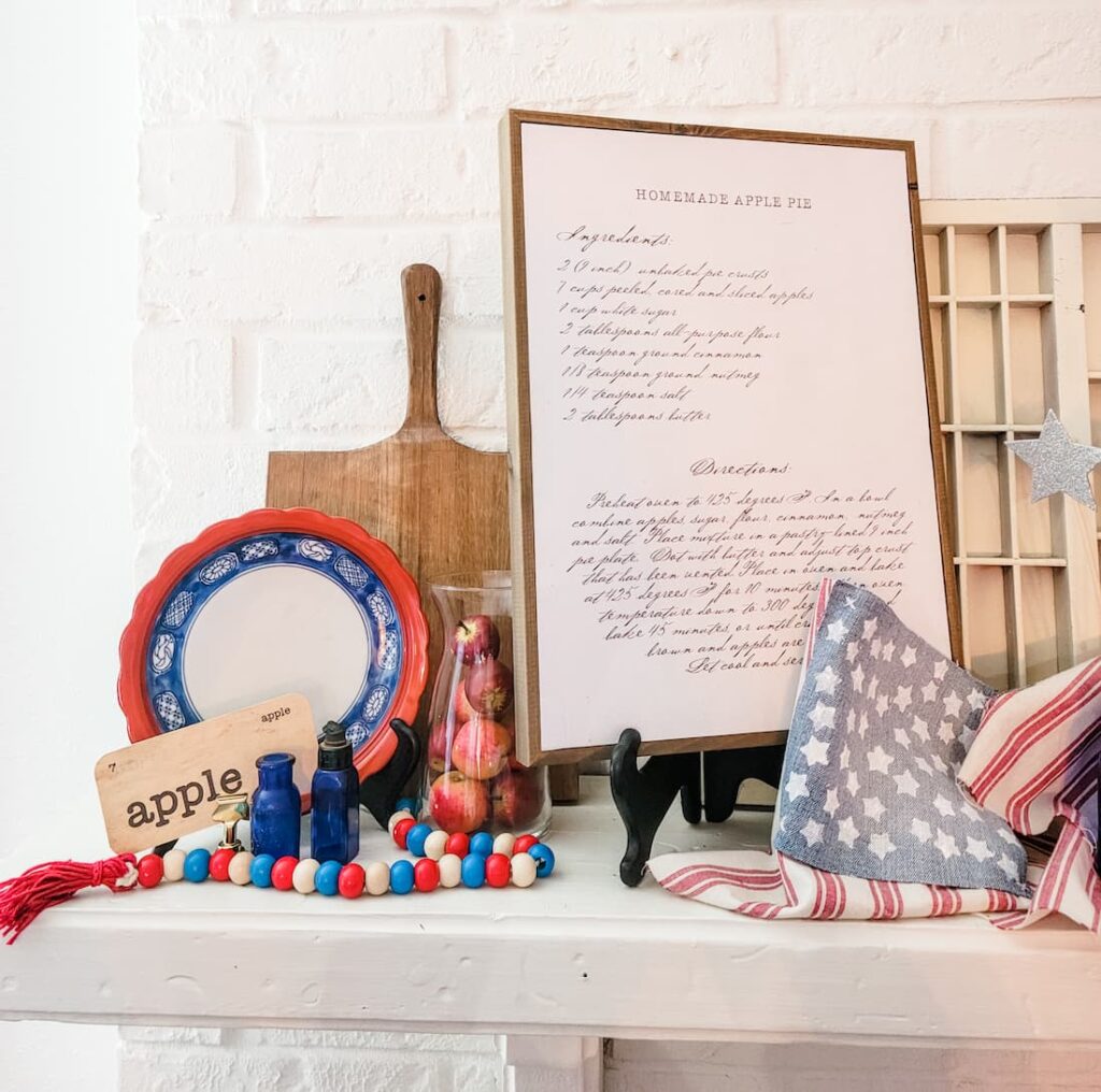 mantel with framed recipe, red white and blue decor vintage flashcard