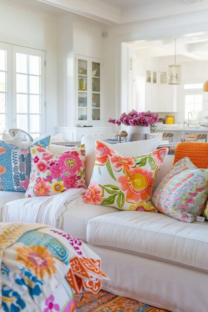 white couch with bright colored pillows