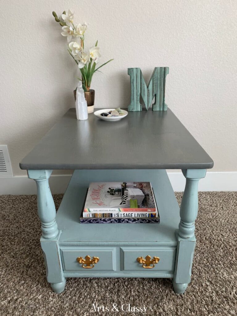 blue table with grey top