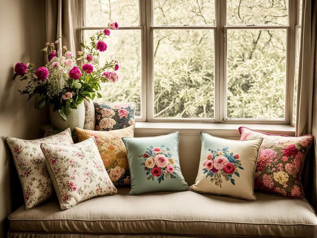 embroidered pillows on a couch