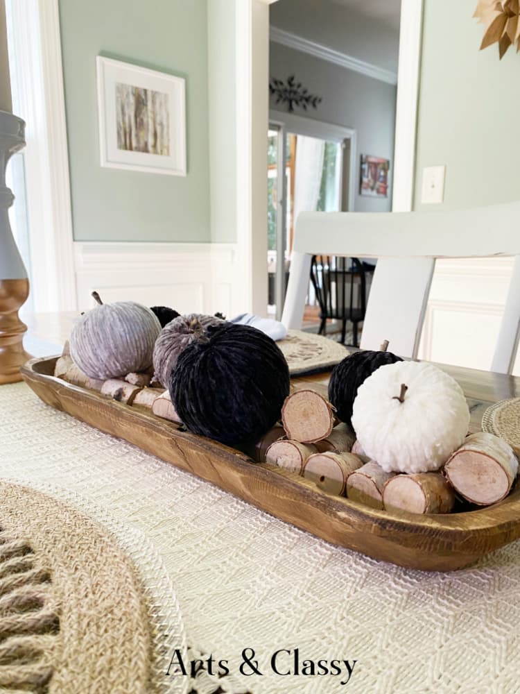 bowl with yarn pumpkins