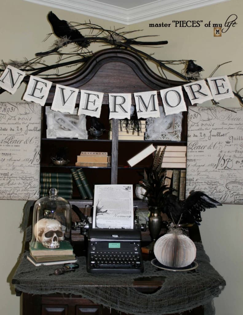 black desk decorated for halloween