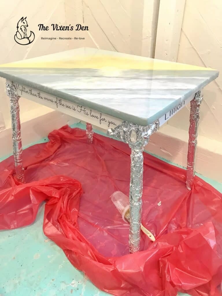 table on red dropcloth