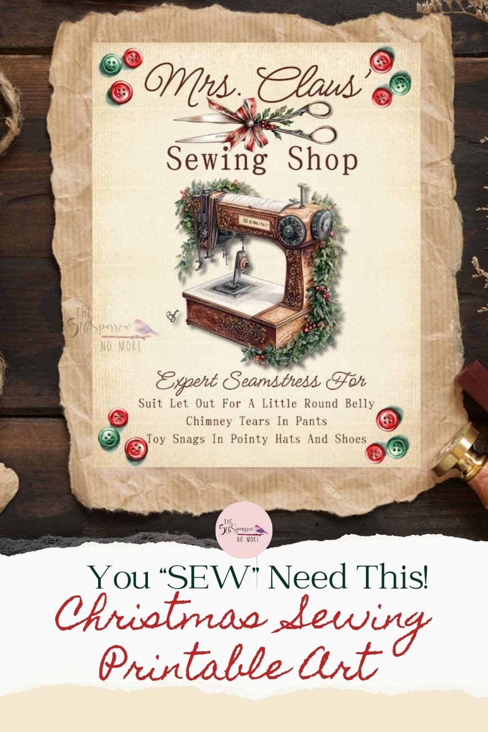 Mrs. Claus' Sewing Shop Printable - Beautiful vintage print of antique sewing machine for Christmas Wall Art or Holiday Decor