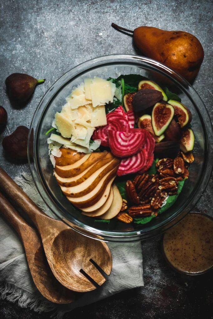 salad with beets, pear, cheese and walnuts