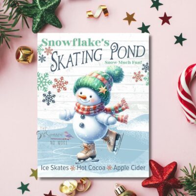 Skating snowman on vintage sign in pastel holiday colors