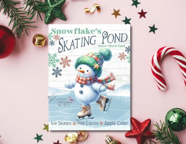 Skating snowman on vintage sign in pastel holiday colors