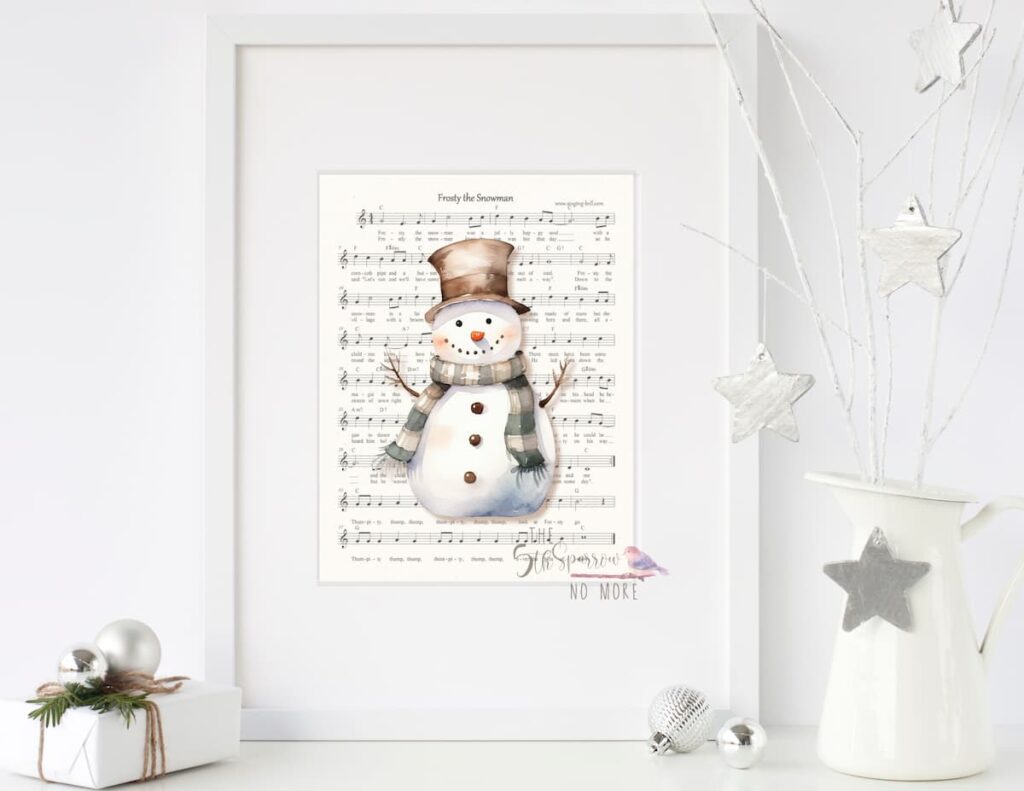 Framed Watercolor Snowman on Frosty the Snowman Music Sheet