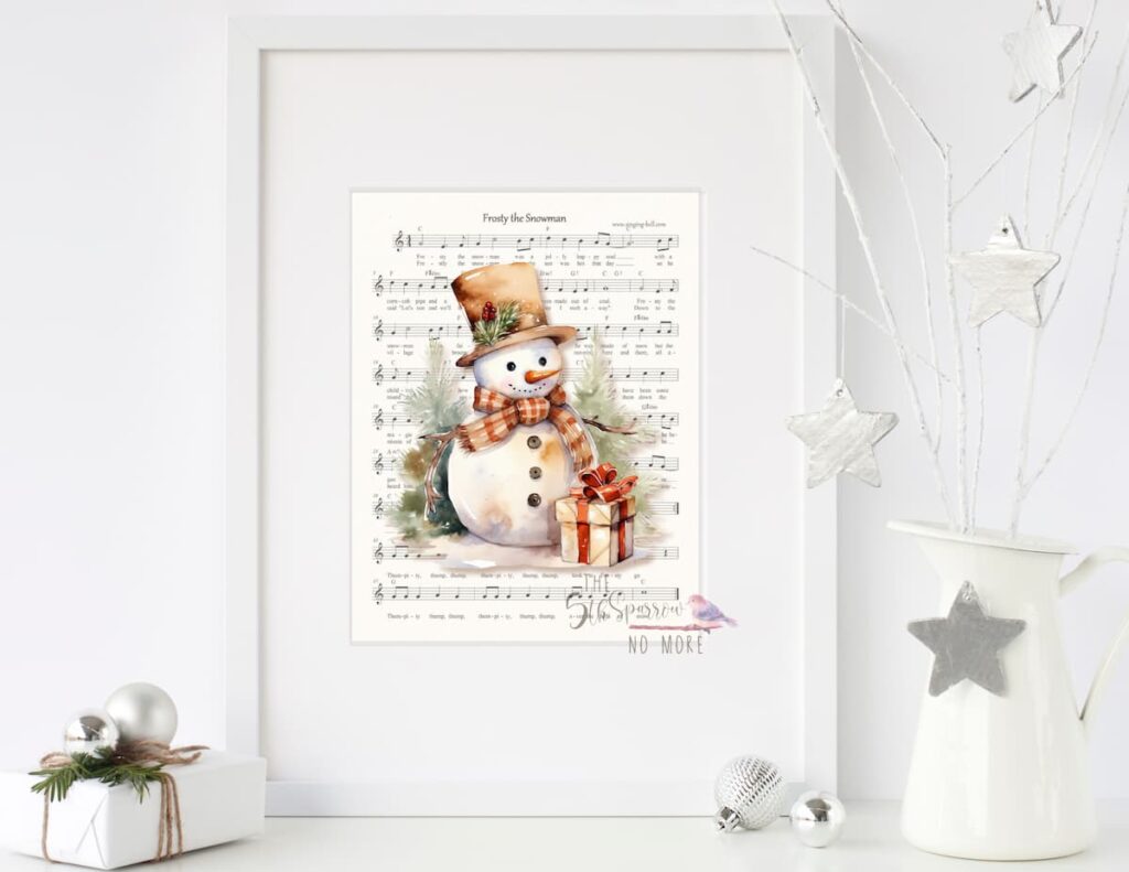 Framed Watercolor Snowman on Frosty the Snowman Music Sheet