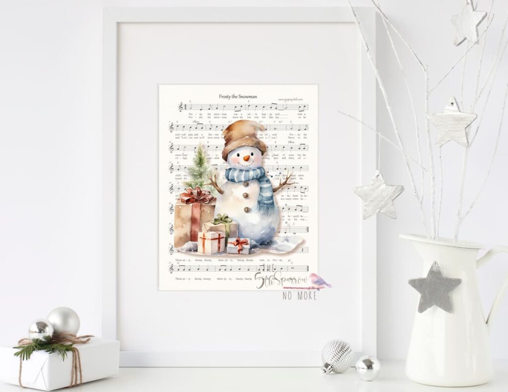 Framed Watercolor Snowman on Frosty the Snowman Music Sheet