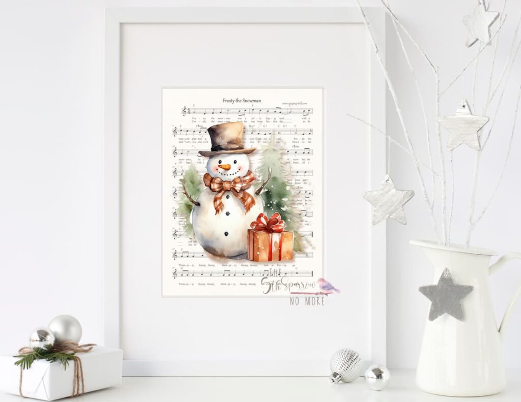 Framed Watercolor Snowman on Frosty the Snowman Music Sheet