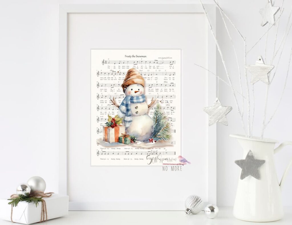 Framed Watercolor Snowman on Frosty the Snowman Music Sheet