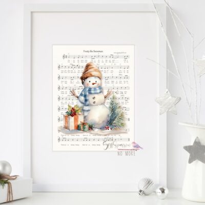 Framed Watercolor Snowman on Frosty the Snowman Music Sheet