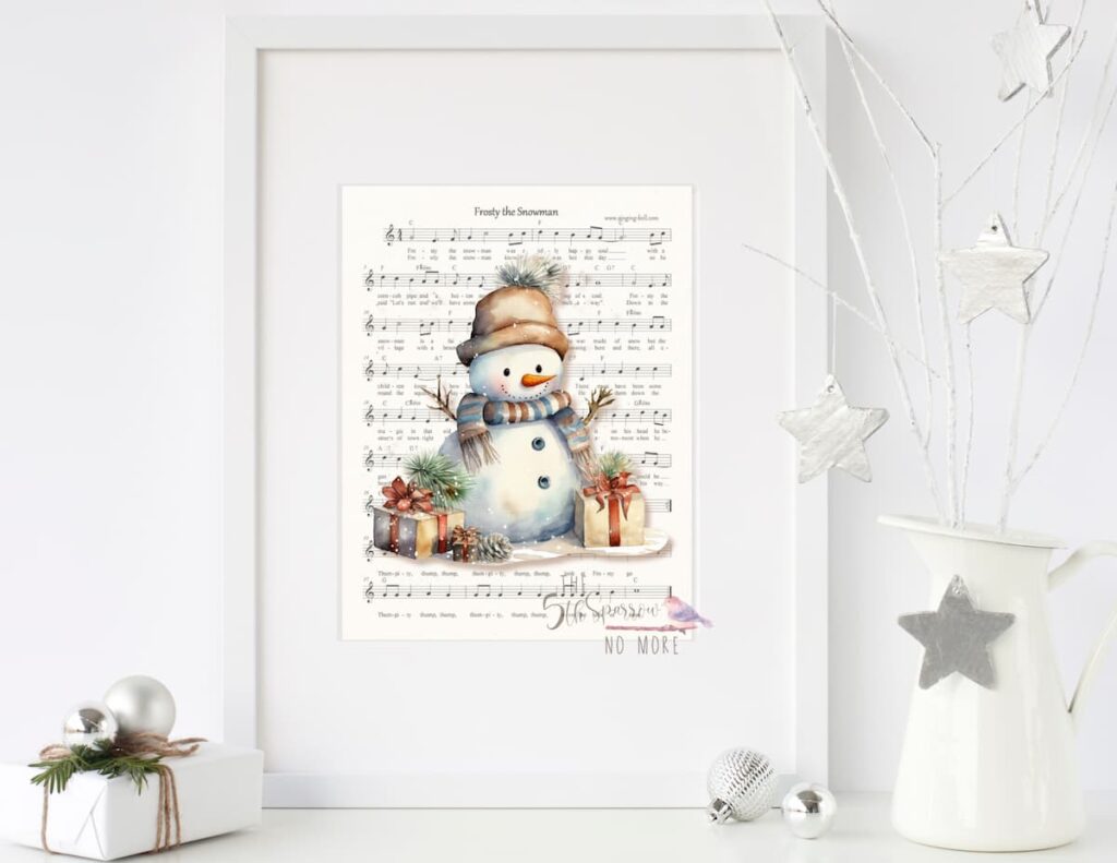 Framed Watercolor Snowman on Frosty the Snowman Music Sheet