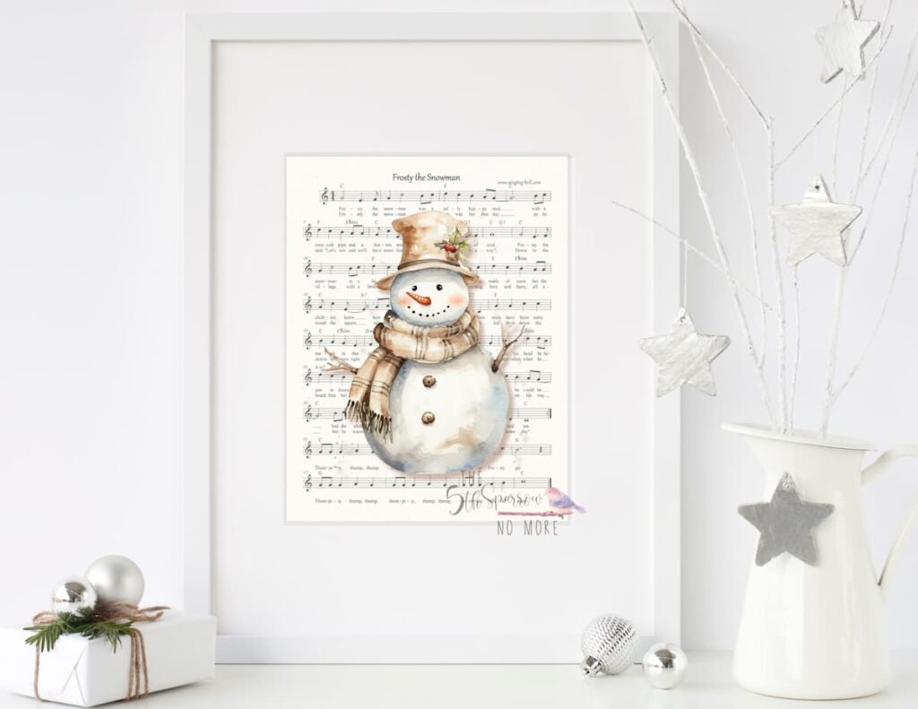 Framed Watercolor Snowman on Frosty the Snowman Music Sheet