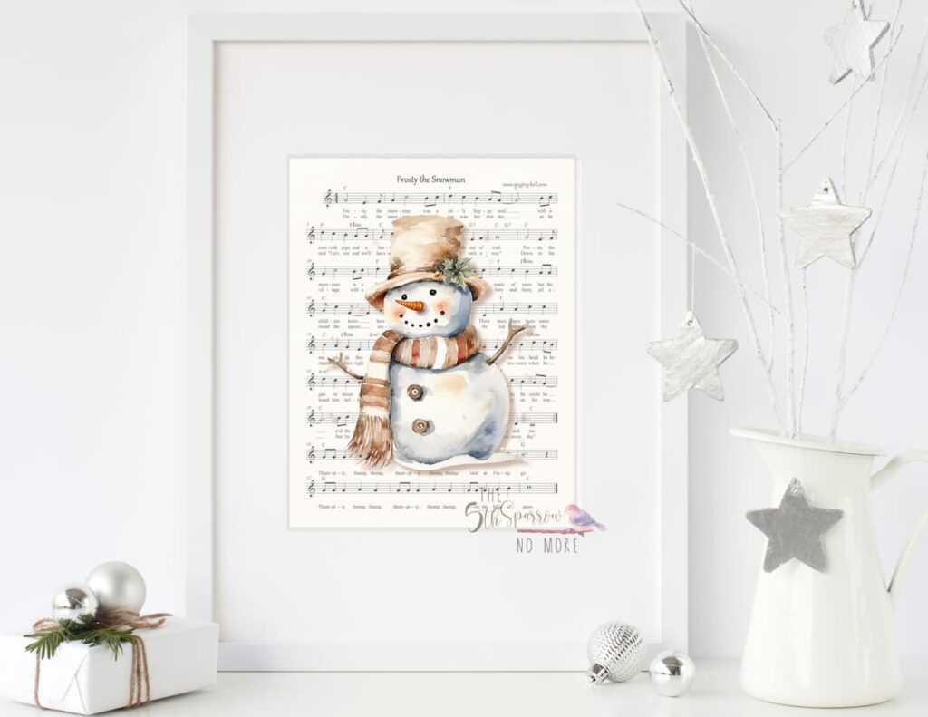 Framed Watercolor Snowman on Frosty the Snowman Music Sheet