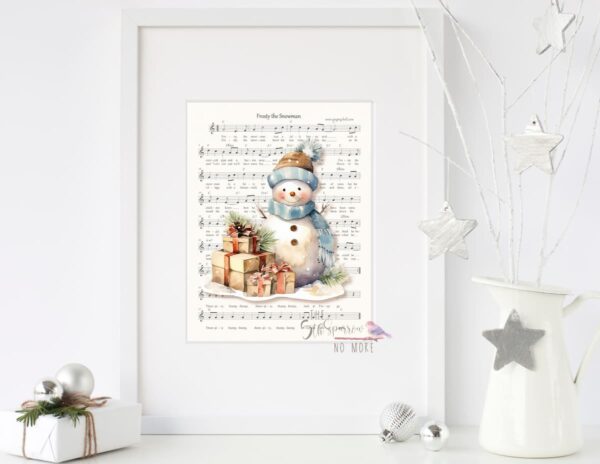 Framed Watercolor Snowman on Frosty the Snowman Music Sheet