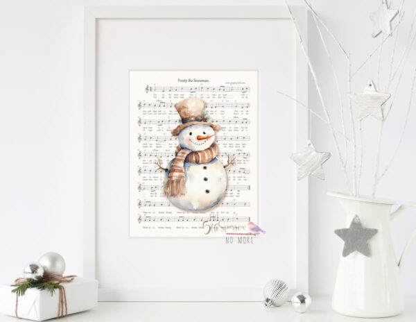 Framed Watercolor Snowman on Frosty the Snowman Music Sheet