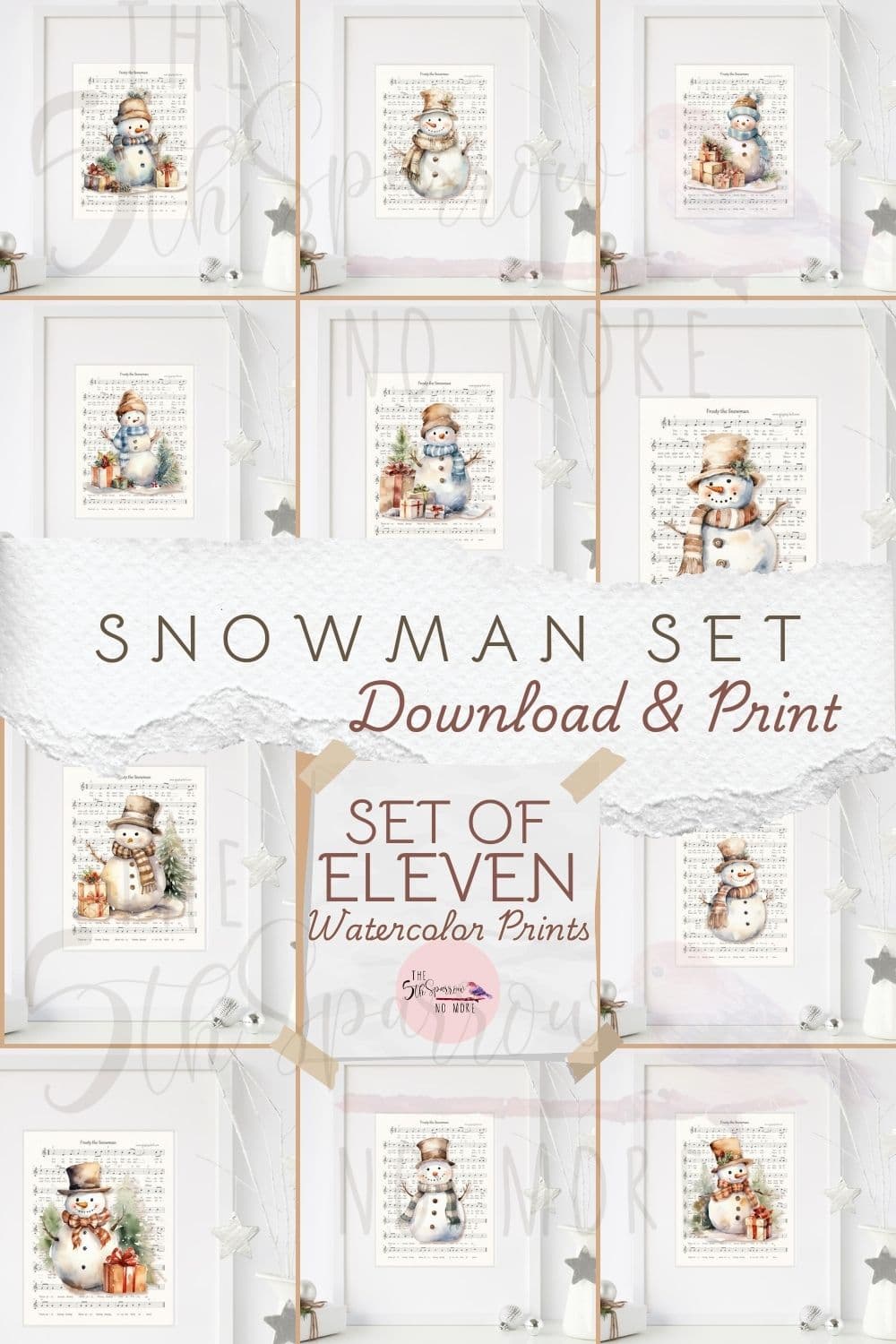 Beautiful Set of Vintage Watercolor Snowman on Frosty the Snowman Music Sheet - 11 High Quality Watercolor PDFs- Christmas Art and Holiday Decor, Digital Download