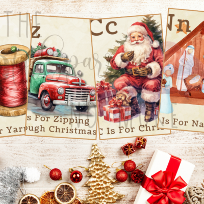 Printable Christmas Alphabet Cards with vintage images of holiday items from A - Z.