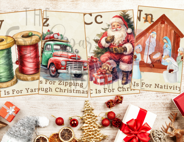 Printable Christmas Alphabet Cards with vintage images of holiday items from A - Z.