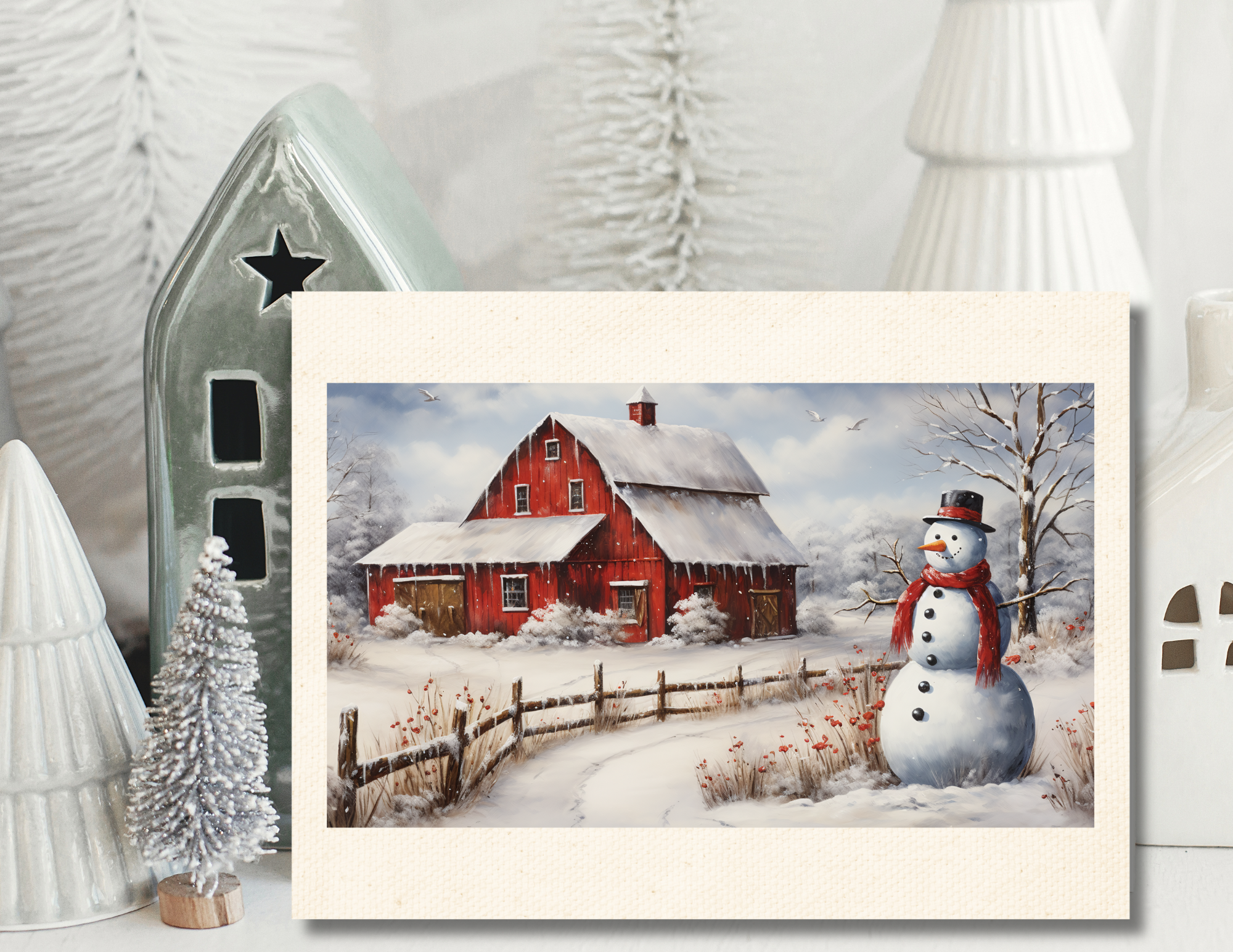 Winter Wonderland Printable with beautiful painting of barn and snowman in a meadow of snow.