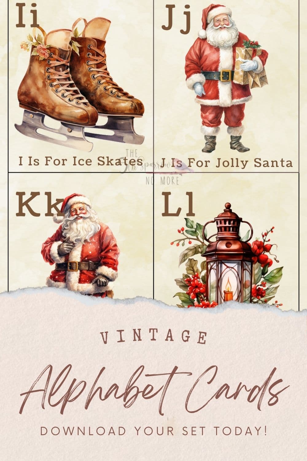 Printable Christmas Alphabet Cards with vintage images of holiday items from A - Z.