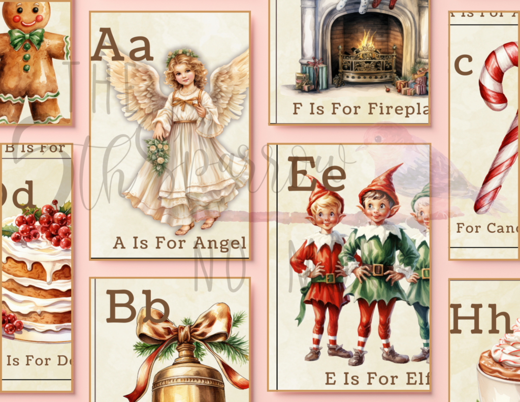 Printable Christmas Alphabet Cards with vintage images of holiday items from A - Z.