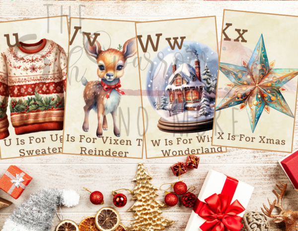 Printable Christmas Alphabet Cards with vintage images of holiday items from A - Z.