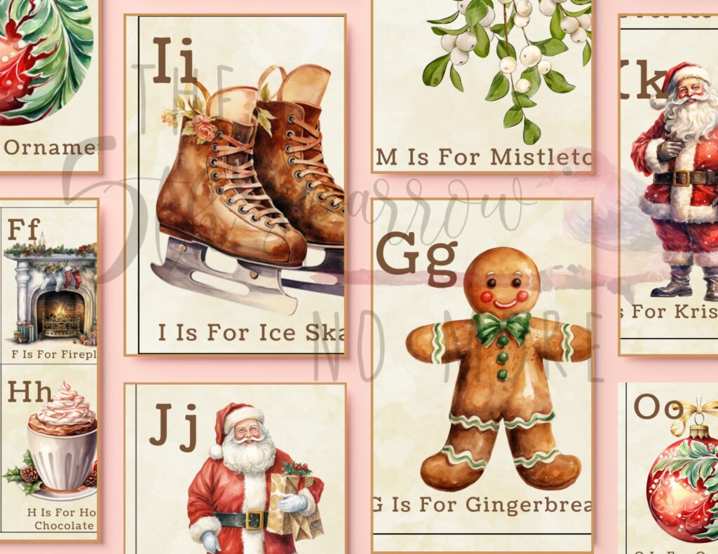 Printable Christmas Alphabet Cards with vintage images of holiday items from A - Z.