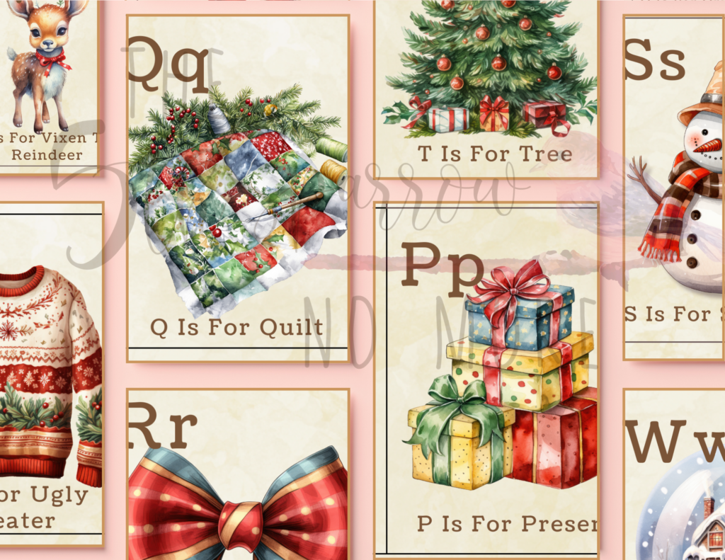 Printable Christmas Alphabet Cards with vintage images of holiday items from A - Z.