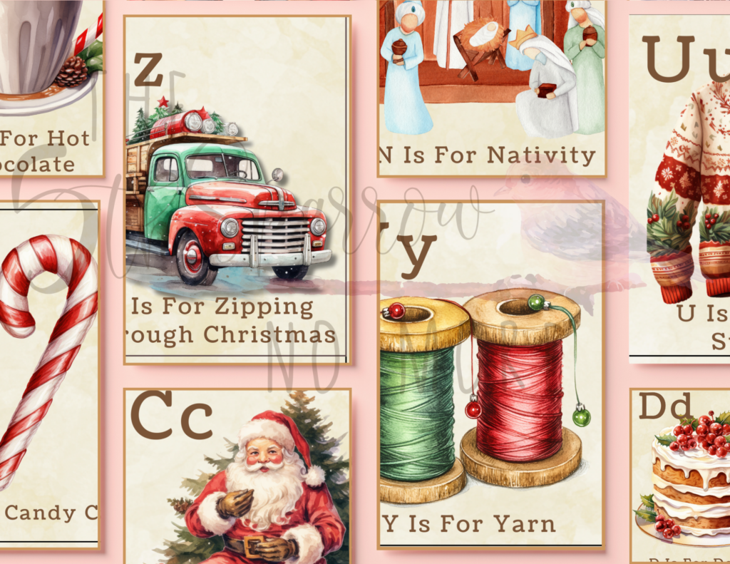 Printable Christmas Alphabet Cards with vintage images of holiday items from A - Z.