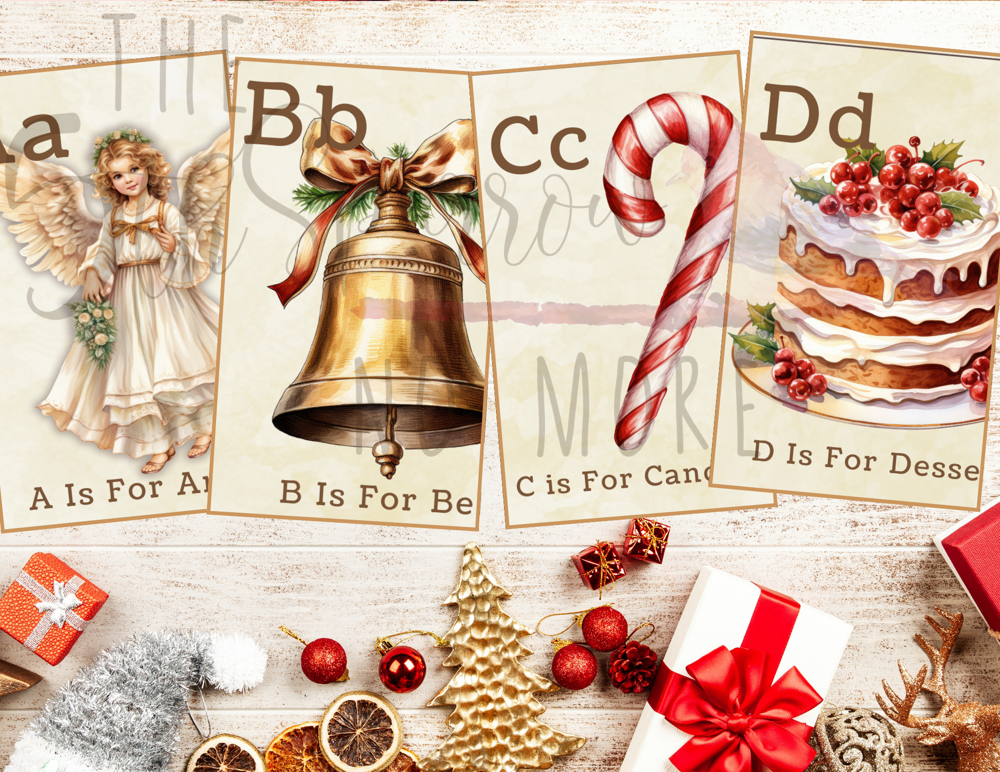 Printable Christmas Alphabet Cards with vintage images of holiday items from A - Z.