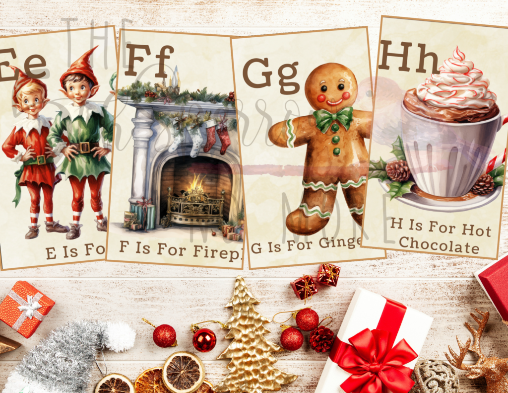 Printable Christmas Alphabet Cards with vintage images of holiday items from A - Z.