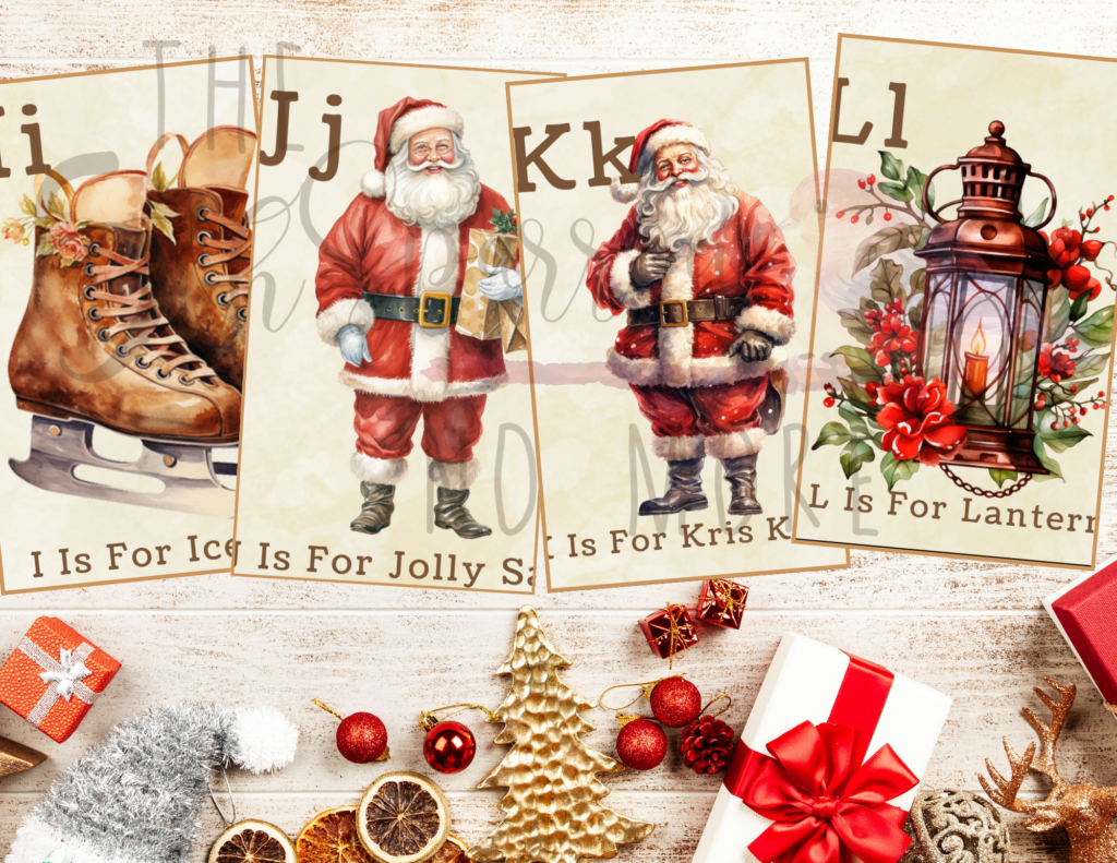 Printable Christmas Alphabet Cards with vintage images of holiday items from A - Z.