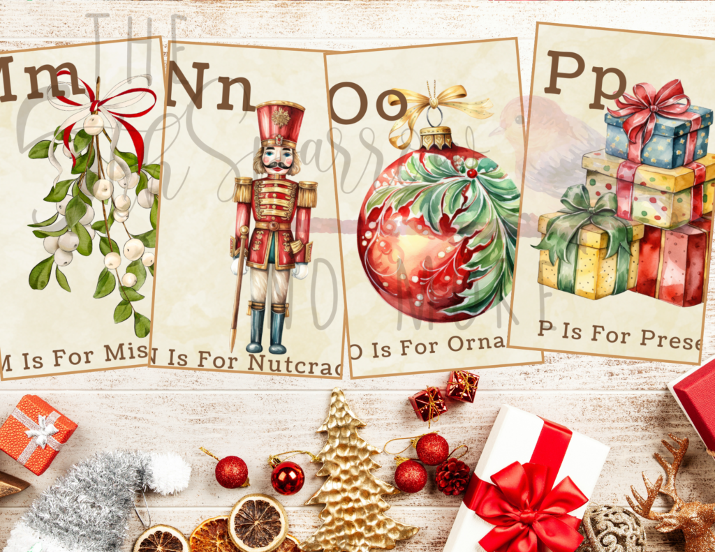 Printable Christmas Alphabet Cards with vintage images of holiday items from A - Z.