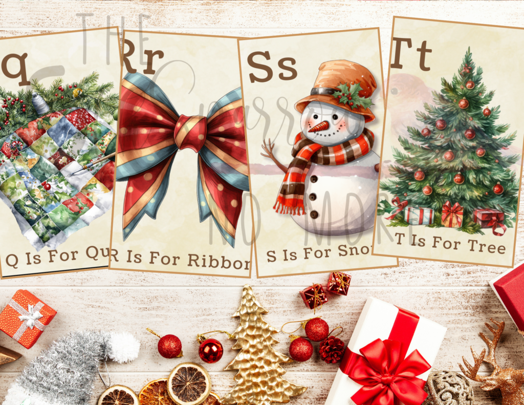 Printable Christmas Alphabet Cards with vintage images of holiday items from A - Z.