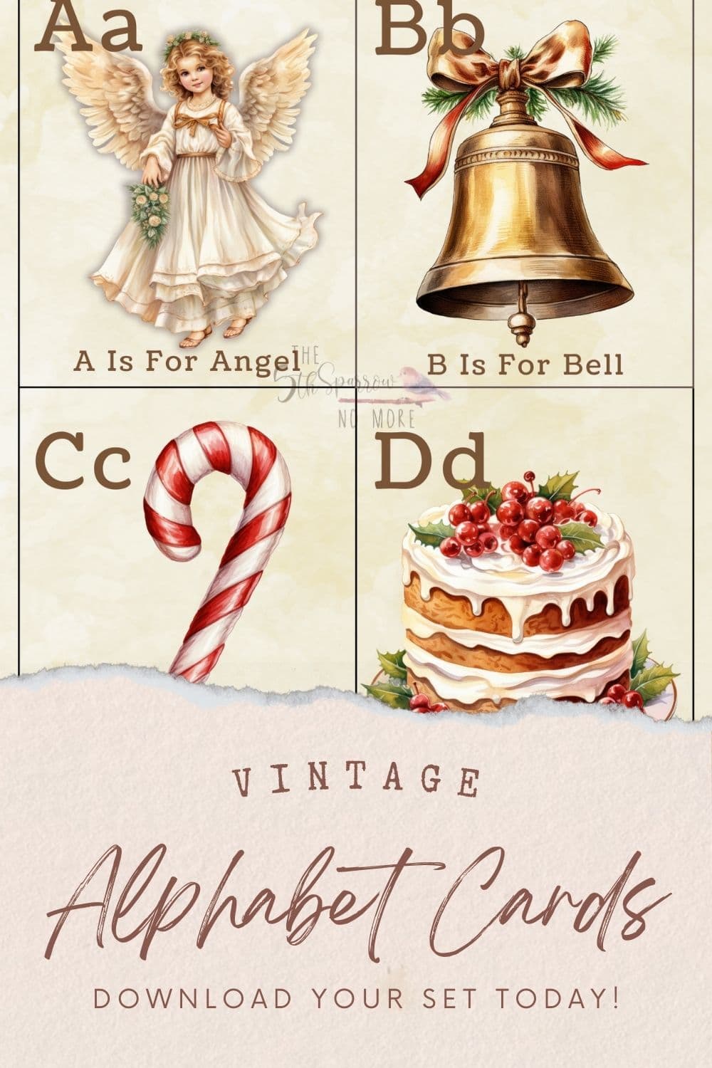 Printable Christmas Alphabet Cards with vintage images of holiday items from A - Z.