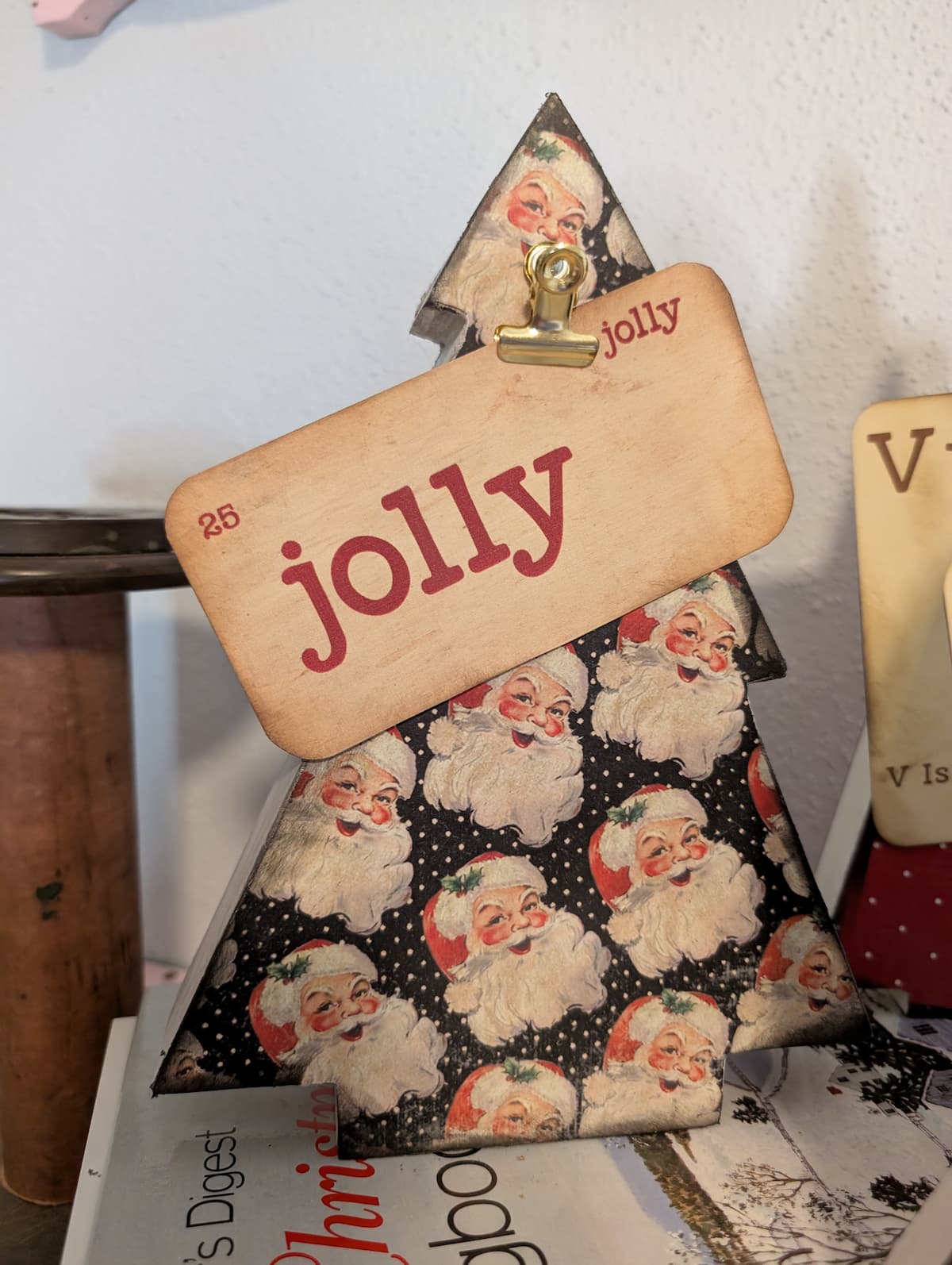 wood block tree with vintage flashcards