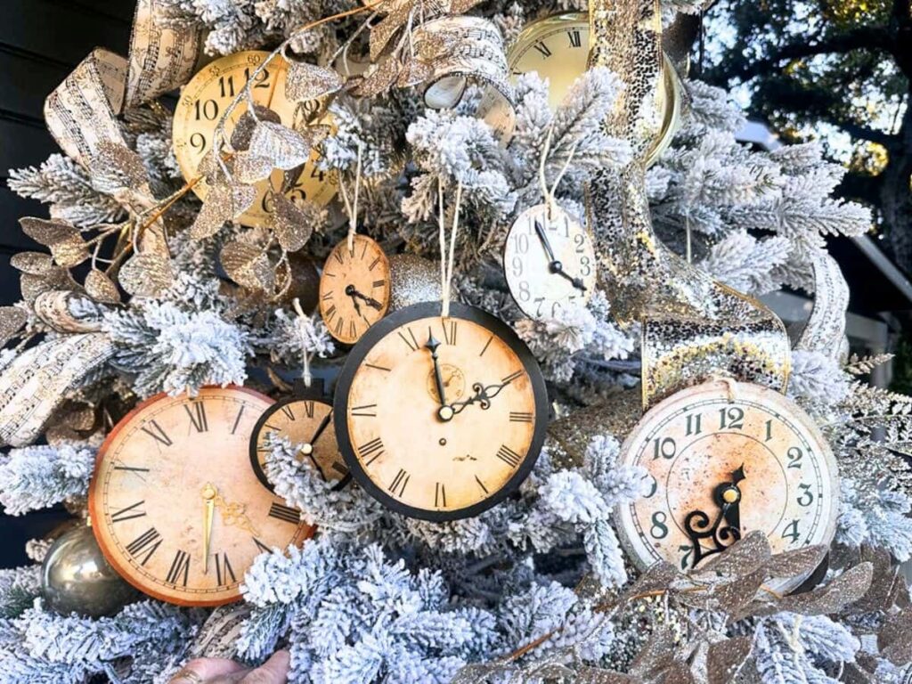 Clock ornaments on Christmas tree