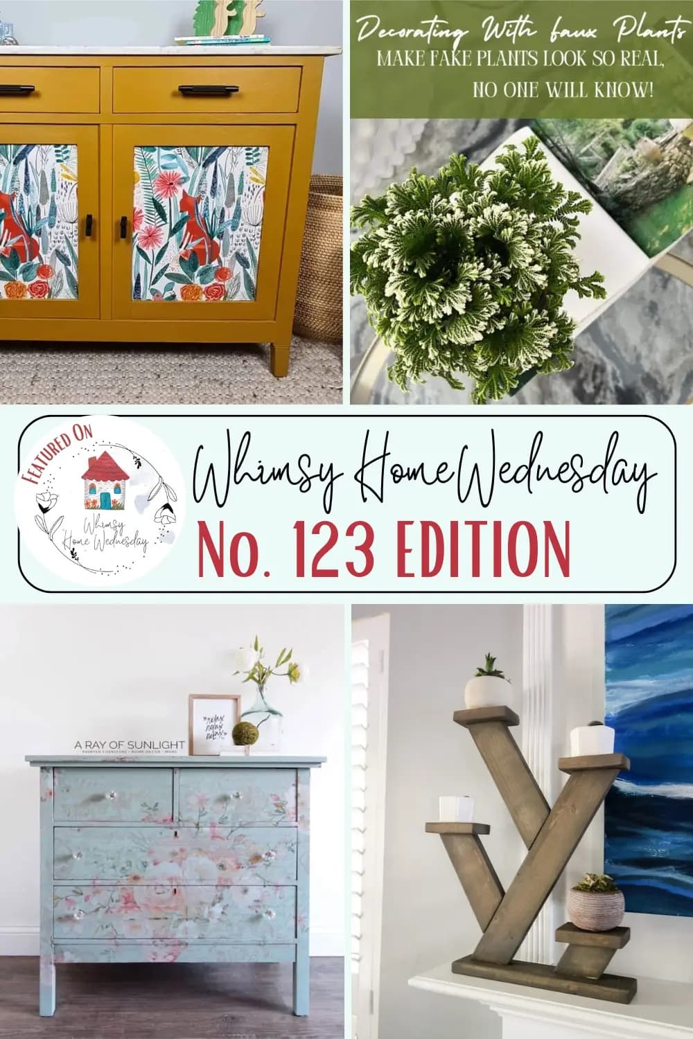 Join us on Whimsy Home Wednesday Blog Link Party No. 123 and see host projects, the features from the previous week and link up your posts!