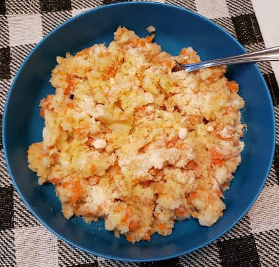 blue bowl of mashed potatoes