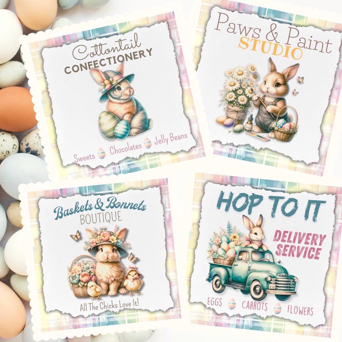 Download the pastel Easter printable mini signs and tag set today - 4 X 4 signs are perfect for vignettes and tiered trays. Use the coordinating tags for crafting projects and gifts.