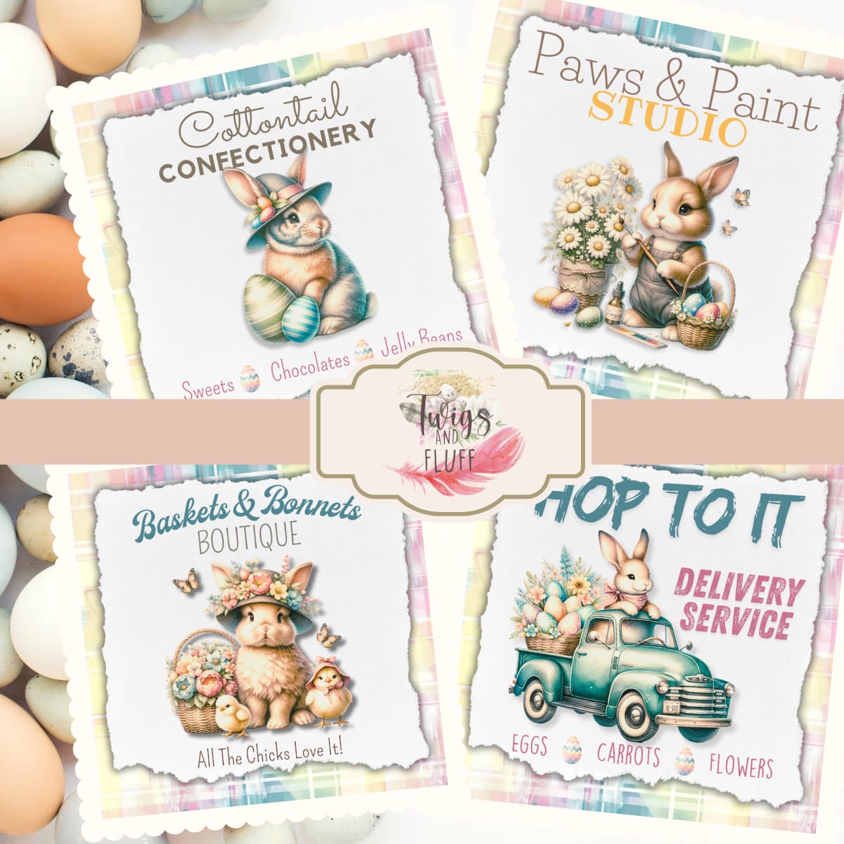 Download the pastel Easter printable mini signs and tag set today - 4 X 4 signs are perfect for vignettes and tiered trays. Use the coordinating tags for crafting projects and gifts.