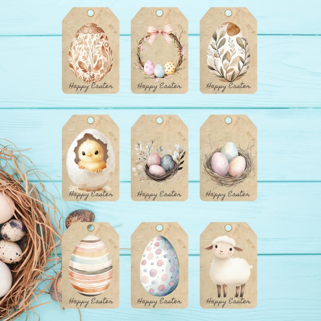 Download the Vintage Easter printable mini signs and tag set today - 4 X 4 signs are perfect for vignettes and tiered trays. Use the coordinating tags for crafting projects and gifts.