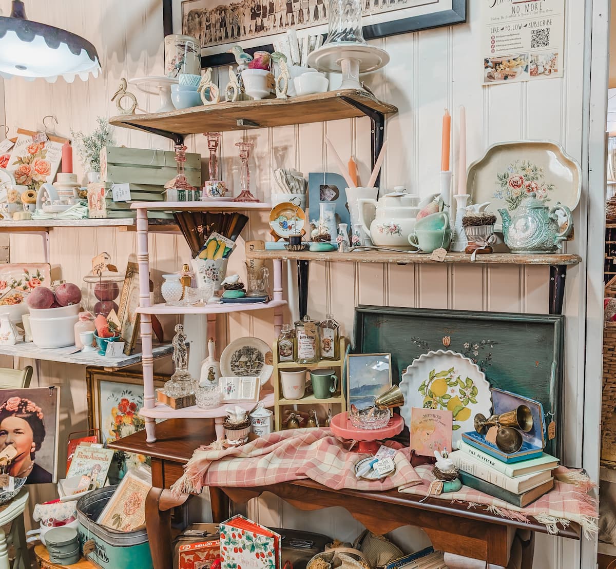 Shelves styled in a vintage booth