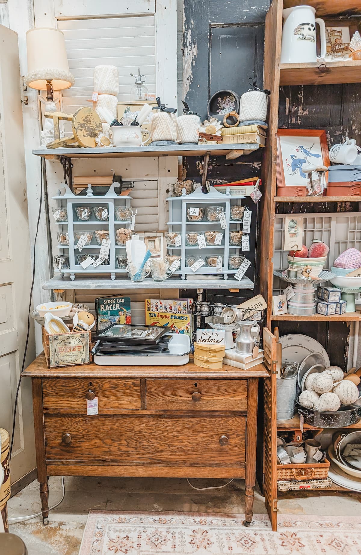 dresser and shelves in vintage booth