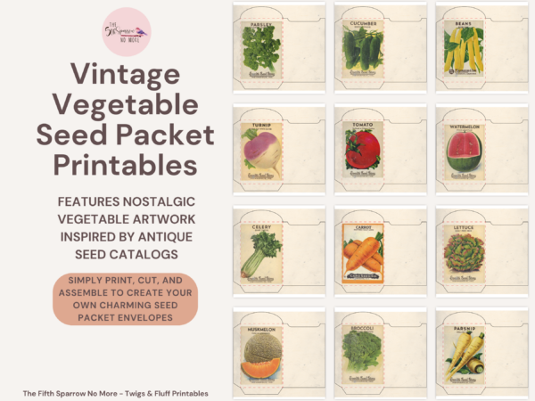 Vintage seed packet printable set with vegetable illustrations styled for junk journaling and paper crafts