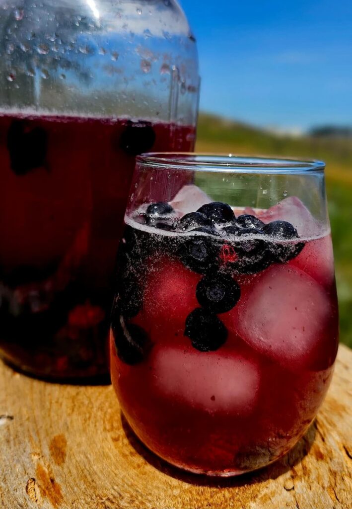 glass of purple drink with blueberries