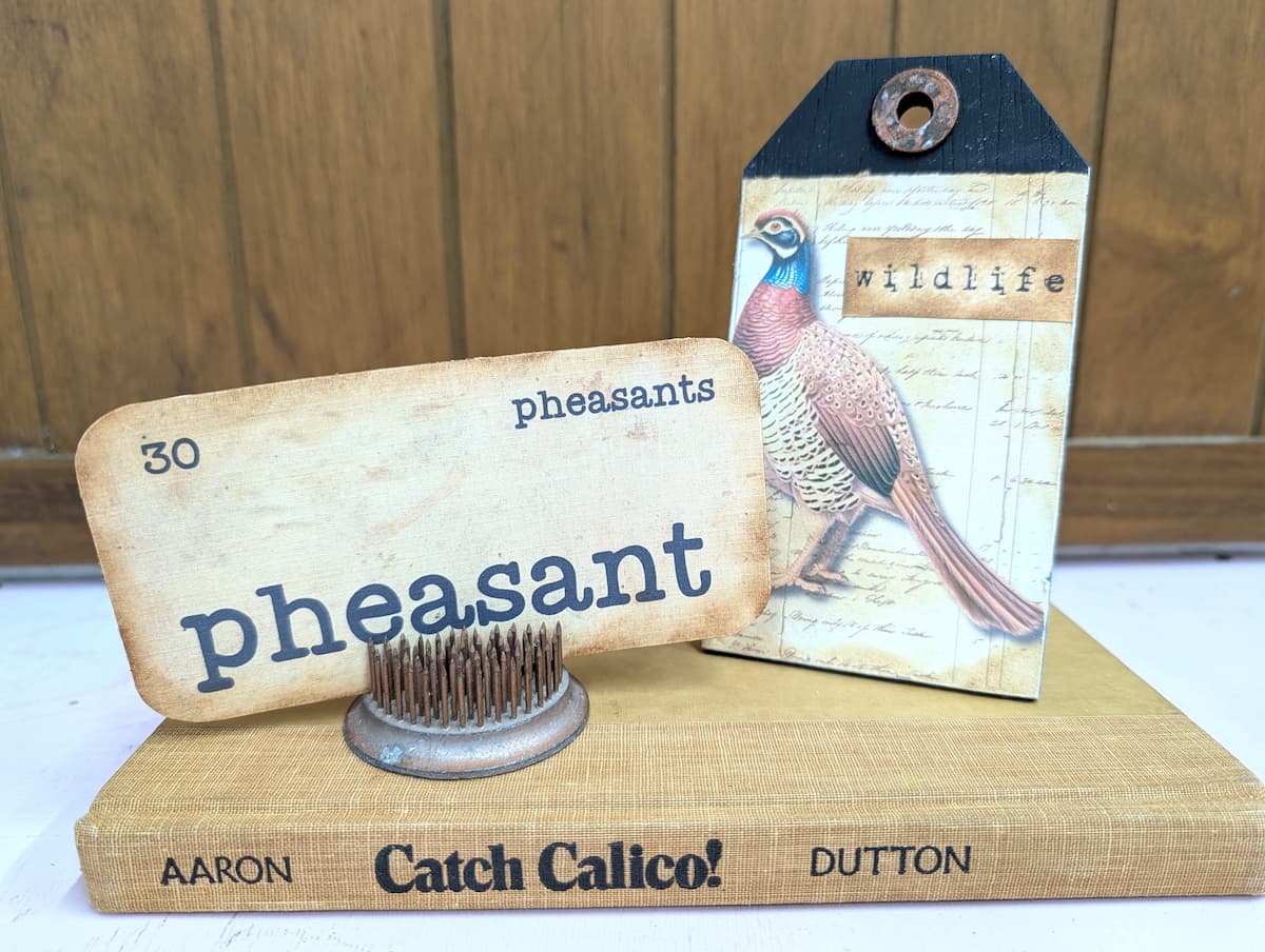 tag with a pheasant and a vintage flash card